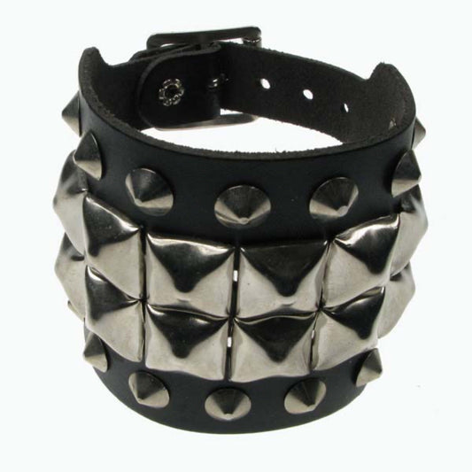 WB452 4 ROW WIDTH 2 ROW PYRAMID AND CONICALS Leather Wristband - Black