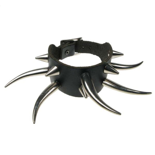 WB453 2 ROW MIXED SMALL CONE AND LARGE TUSK Leather Wristband - Black