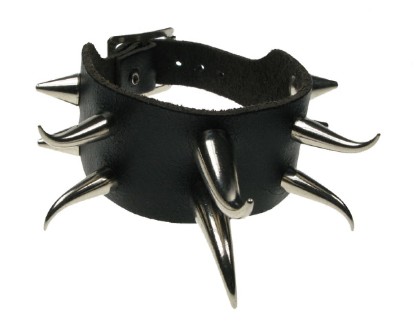 WB455 2 ROW MIXED S/M TUSK WITH 2 SMALL CONES AT ENDS Leather Wristband - Black