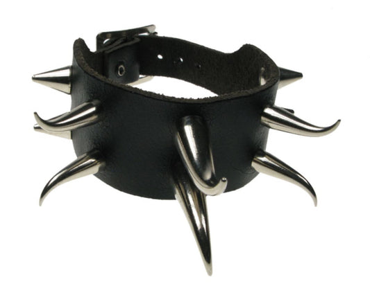WB455 2 ROW MIXED S/M TUSK WITH 2 SMALL CONES AT ENDS Leather Wristband - Black