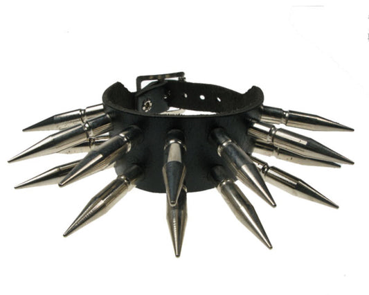 WB457 2 ROW LARGE SPIKE Leather Wristband - Black