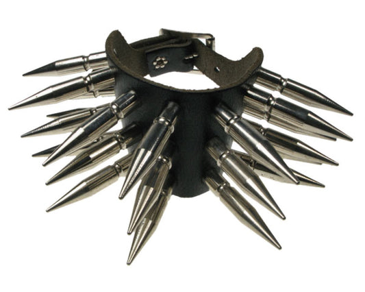 WB458 3 ROW LARGE SPIKE Leather Wristband - Black