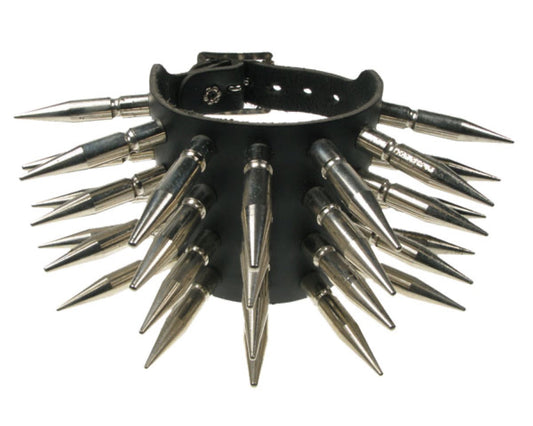 WB459 4 ROW LARGE SPIKE Leather Wristband - Black
