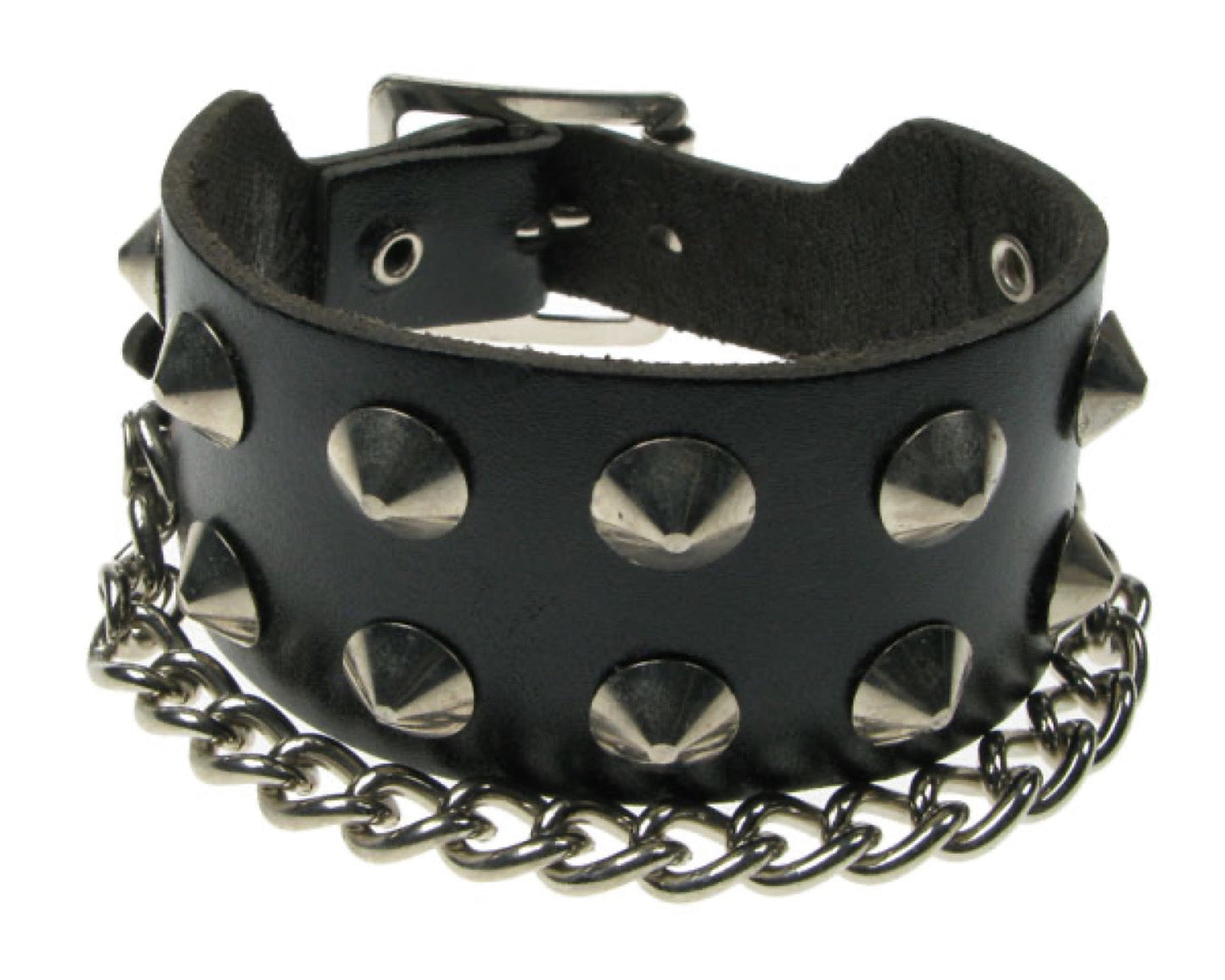 WB462 2 ROW CONICAL CHAIN Leather Wristband - Black