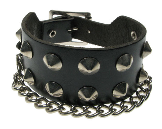 WB462 2 ROW CONICAL CHAIN Leather Wristband - Black