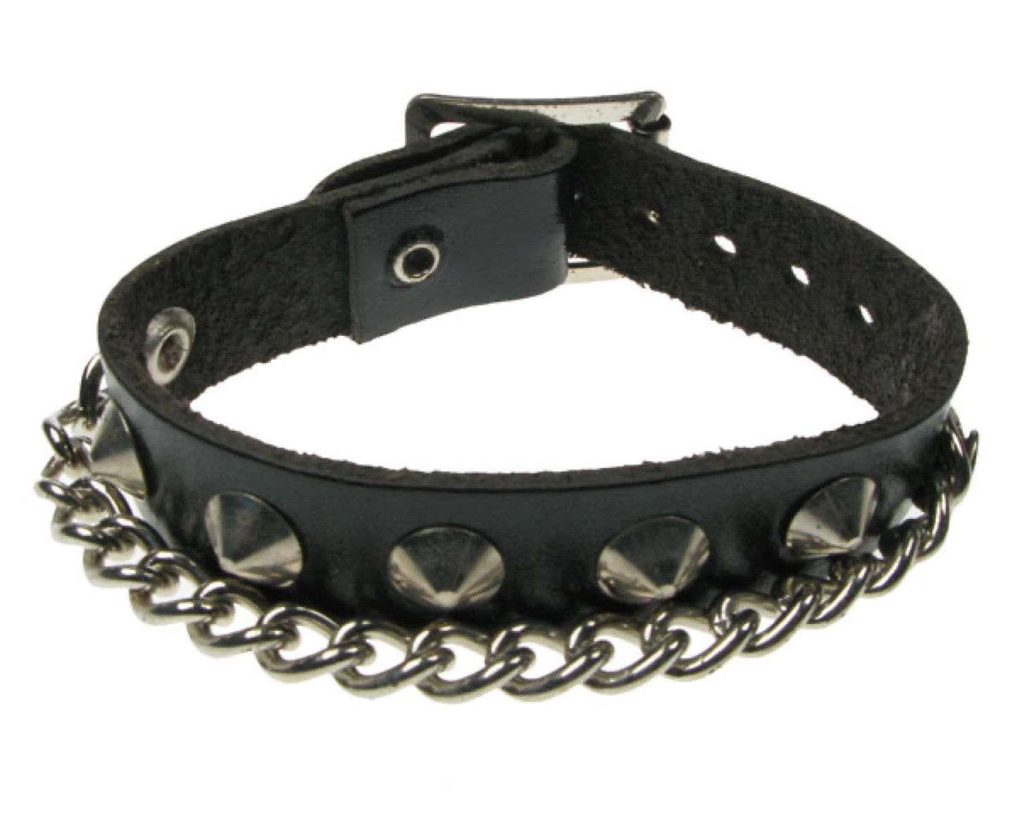 WB463 1 ROW CONICAL CHAIN Leather Wristband - Black