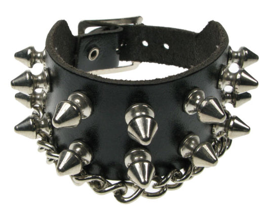 WB464 2 ROW SPIKE CHAIN Leather Wristband - Black