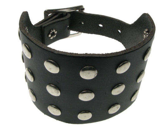 WB467 3 ROW FLAT STUD WB Leather Wristband - BLACK