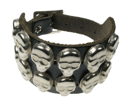 WB471 2 ROW SKULL Leather Wristband - Black