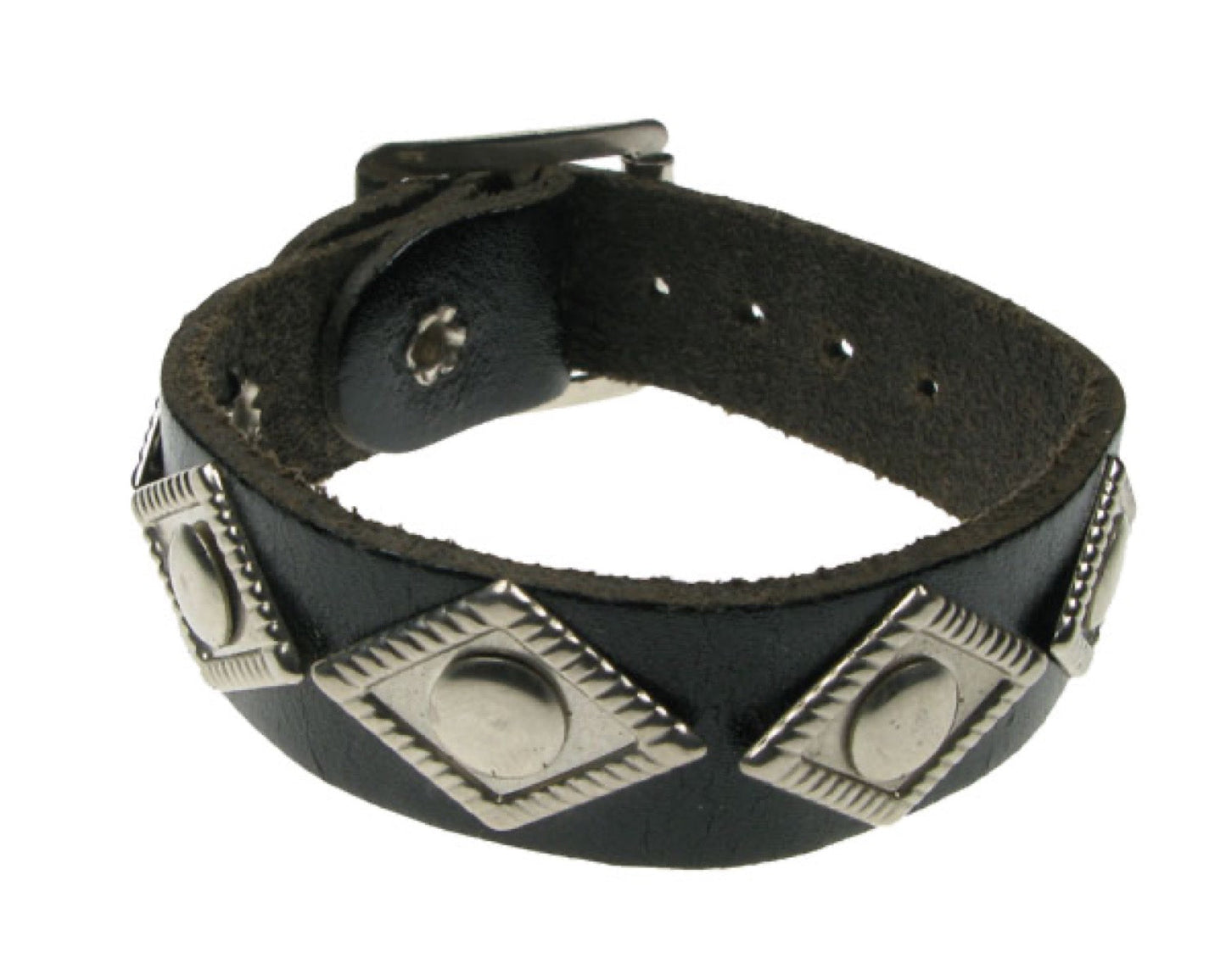WB477 1 ROW DIAMOND METAL FITTING Leather Wristband - BLACK