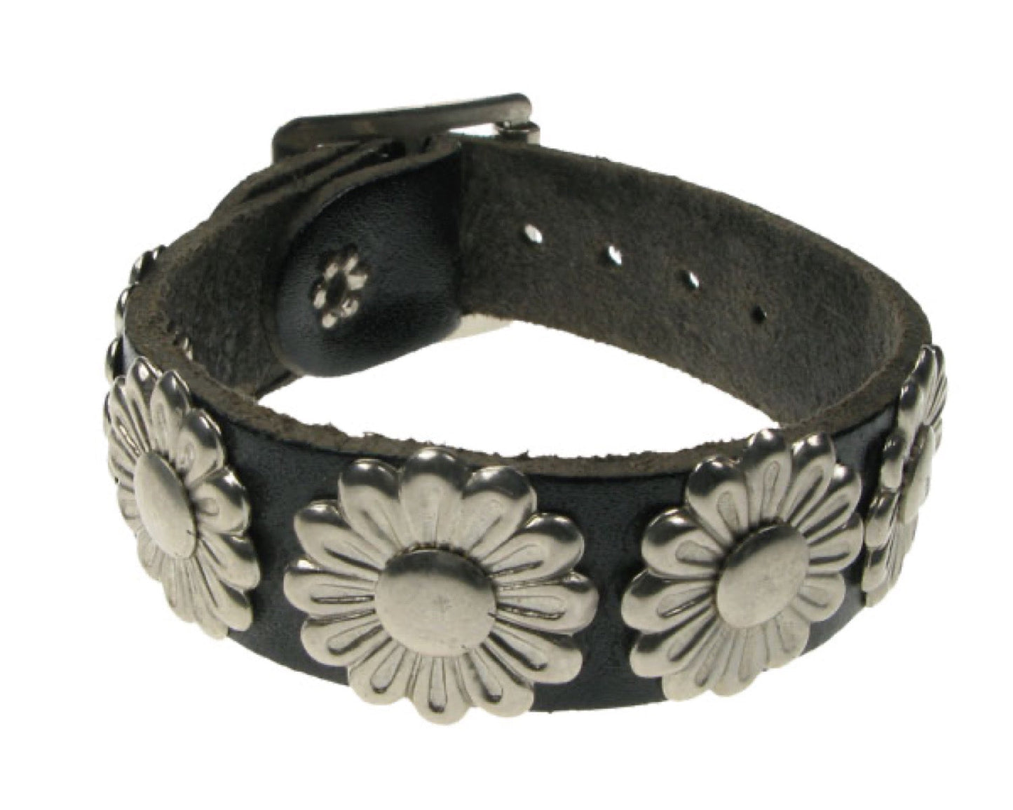 WB478 1 ROW FLOWER METAL FITTING Leather Wristband - Black