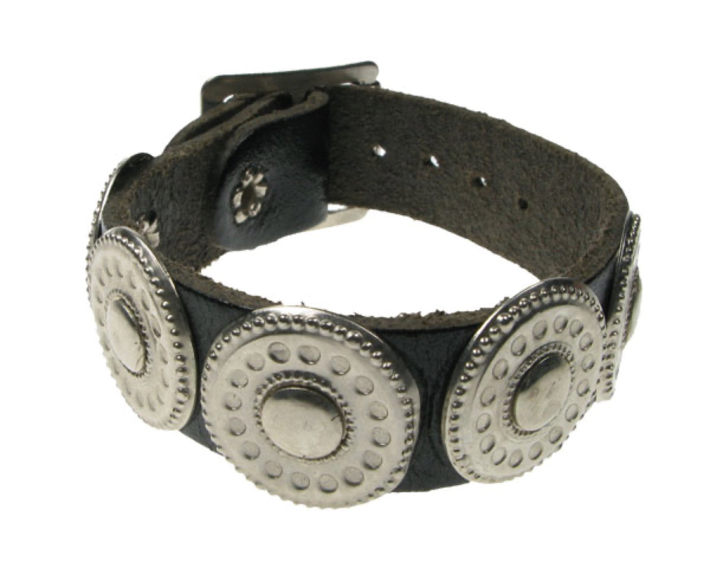 WB479 1 ROW MEDIUM CIRCLE DESIGN METAL FITTING Leather Wristband - BLACK