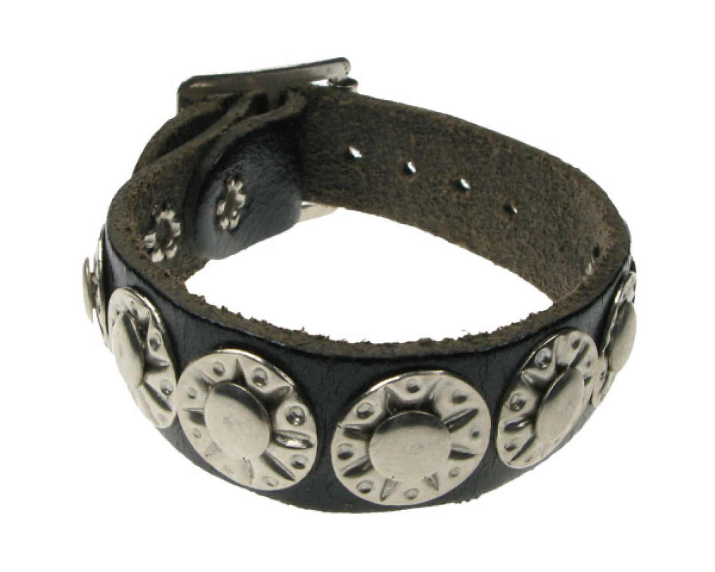 WB480 1 ROW SMALL CIRCLE DESIGN METAL FITTING Leather Wristband - BLACK