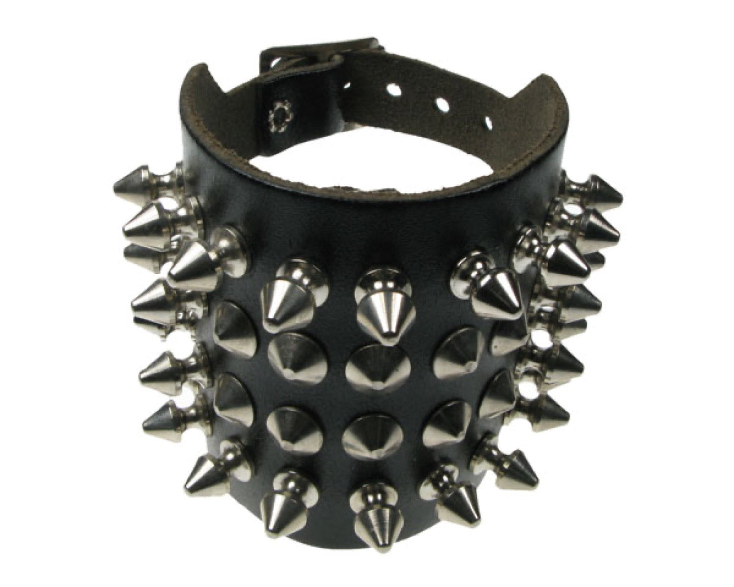 WB487 4 ROW WIDTH, SPIKE AND CONICAL Leather Wristband - Black