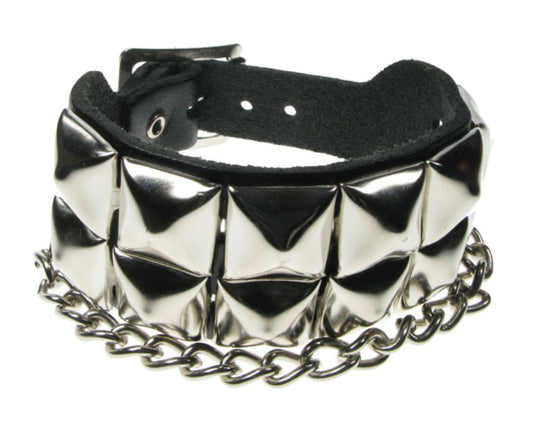 WB499 2 ROW PYRAMID and CHAIN Leather Wristband - Black