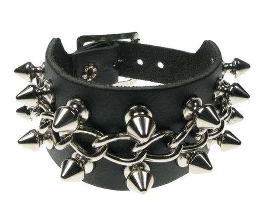 WB500 2 ROW SPIKE and CHAIN Leather Wristband - Black