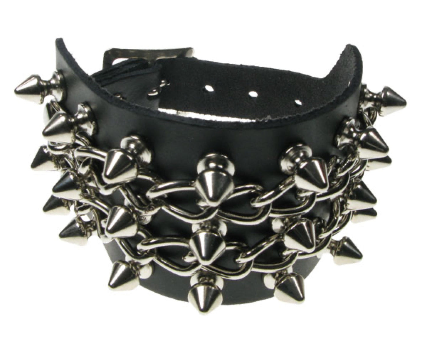WB501 3 ROW SPIKE and CHAIN Leather Wristband - Black