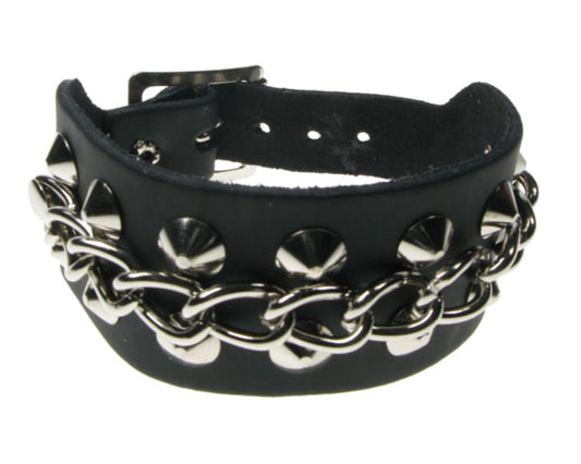 WB502 2 ROW CONICAL and CHAIN Leather Wristband - Black