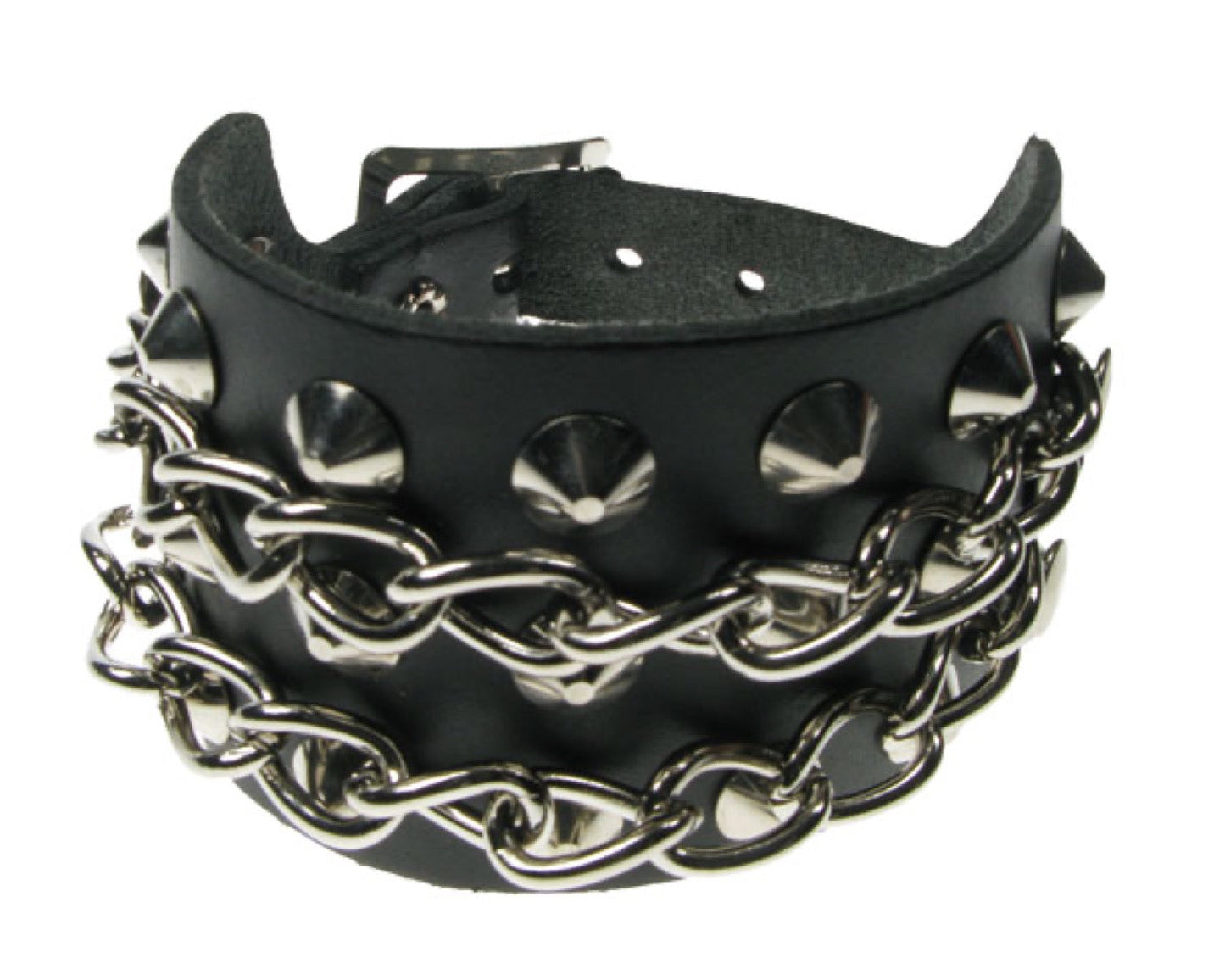 WB503 3 ROW CONICAL and CHAIN Leather Wristband - Black