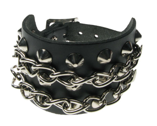 WB503 3 ROW CONICAL and CHAIN Leather Wristband - Black
