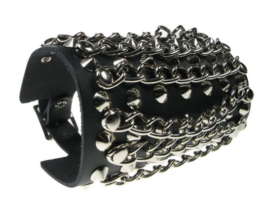 WB505 7 ROW CONICAL and CHAIN HORIZONTAL Leather Wristband - Black