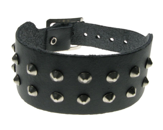WB509 2 ROW SMALL CONICAL Leather Wristband - Black