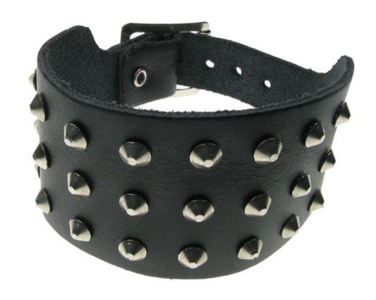 WB510 3 ROW SMALL CONICAL Leather Wristband - Black