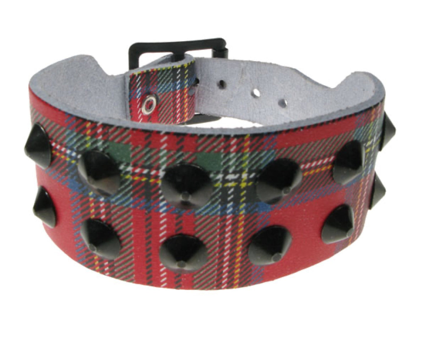 WB514 2 ROW TARTAN BLACK CONICAL Leather Wristband - Tartan