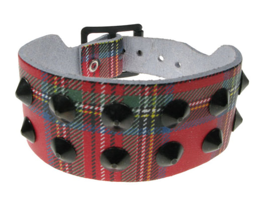 WB514 2 ROW TARTAN BLACK CONICAL Leather Wristband - Tartan