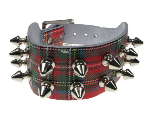 WB516 2 ROW TARTAN SPIKE  Leather Wristband - Tartan
