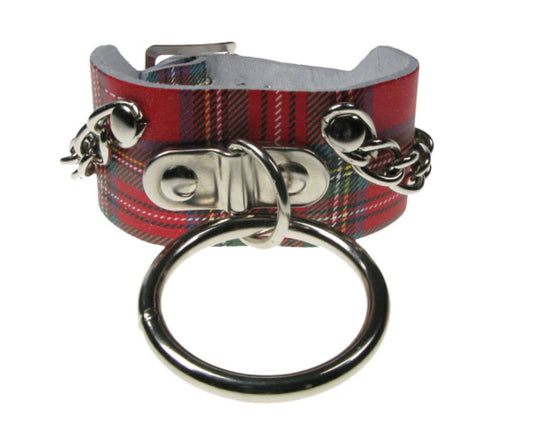 WB517 2 ROW WIDTH TARTAN, CHAIN AND LARGE RING Leather Wristband - TARTAN