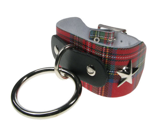 WB518 2 ROW WIDTH TARTAN, 1 LARGE RING W/ STAR FITTINGS Leather Wristband - TARTAN