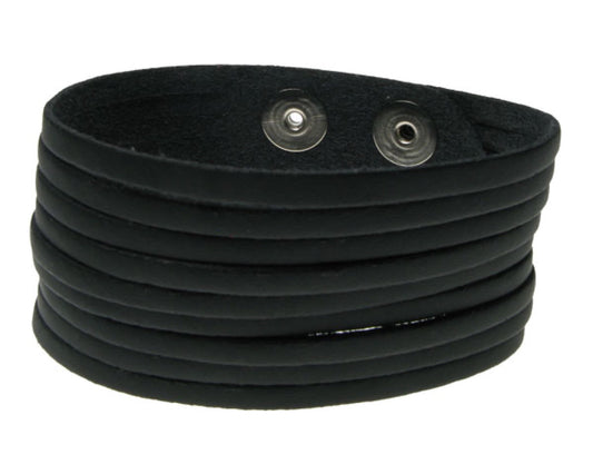 WB528 2 Row width BLACK W/ 9 CUTS IN MIDDLE Leather Wristband (Buttoned) - BLACK