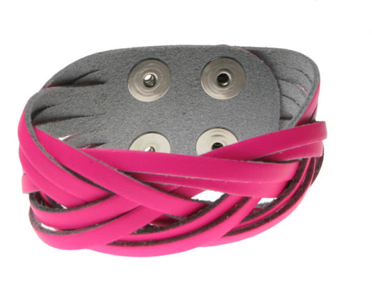WB535 2 Row width F.PINK PLATTED IN MIDDLE Leather Wristband (Buttoned) - F.PINK