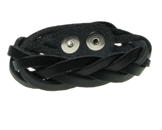 WB537 BLACK WEAVED Leather Wristband (Buttoned) - BLACK
