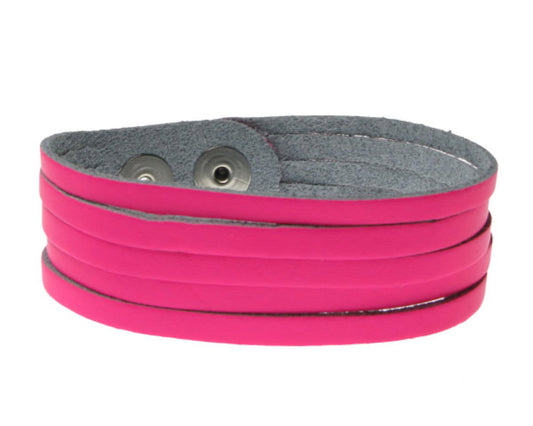 WB539 F.PINK W/ 5 CUTS IN MIDDLE Leather Wristband (Buttoned) - F.PINK