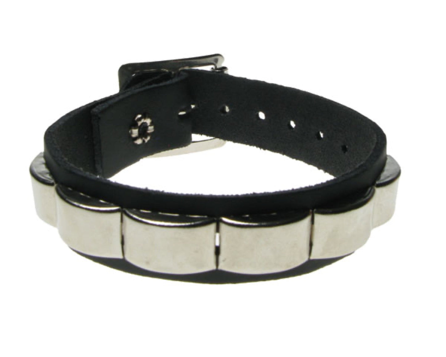 WB541 1 ROW CURVED RING Leather Wristband - BLACK