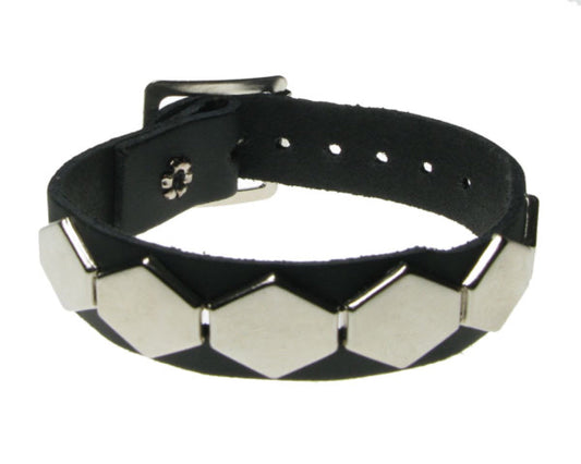WB542 1 ROW HEXAGONAL FITTING Leather Wristband - BLACK