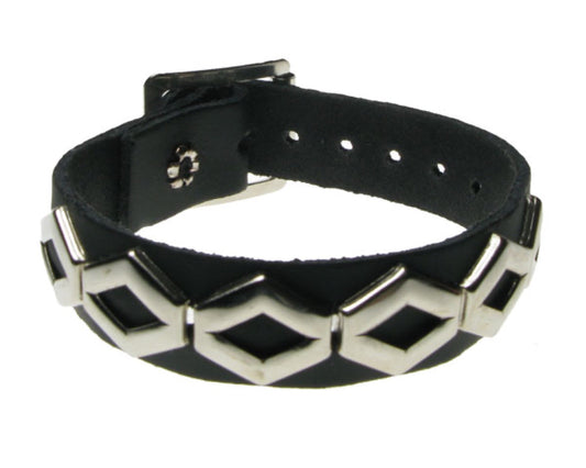WB543 1 ROW HEXAGONAL FITTING W/ GAP IN MIDDLE Leather Wristband - BLACK