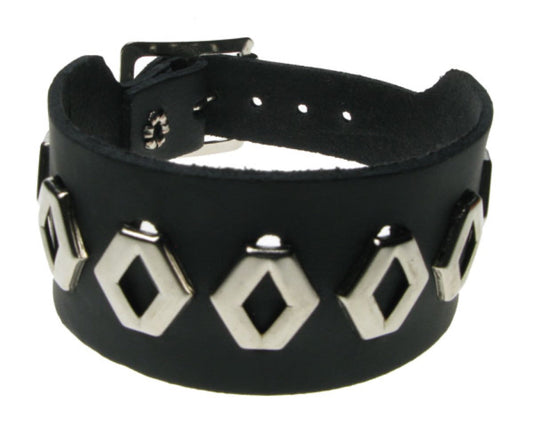 WB545 2 ROW WIDTH, 1 ROW HEXAGONAL FITTING W/ SPACE IN MIDDLE Leather Wristband - BLACK