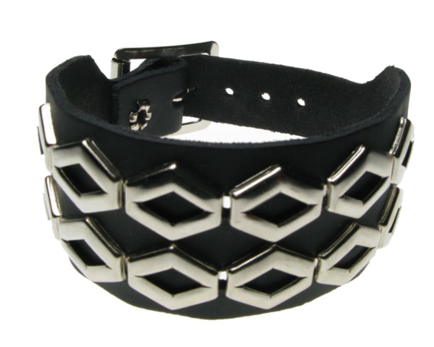 WB546 2 ROW HEXAGONAL FITTING W/ SPACE IN MIDDLE Leather Wristband - BLACK