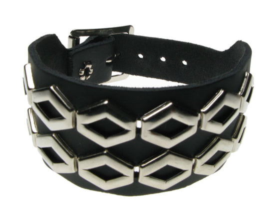WB546 2 ROW HEXAGONAL FITTING W/ SPACE IN MIDDLE Leather Wristband - BLACK