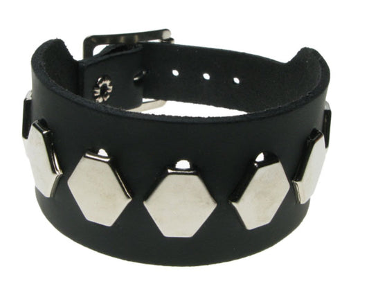 WB547 2 ROW WIDTH, 1 ROW HEXAGONAL FITTING Leather Wristband BLACK