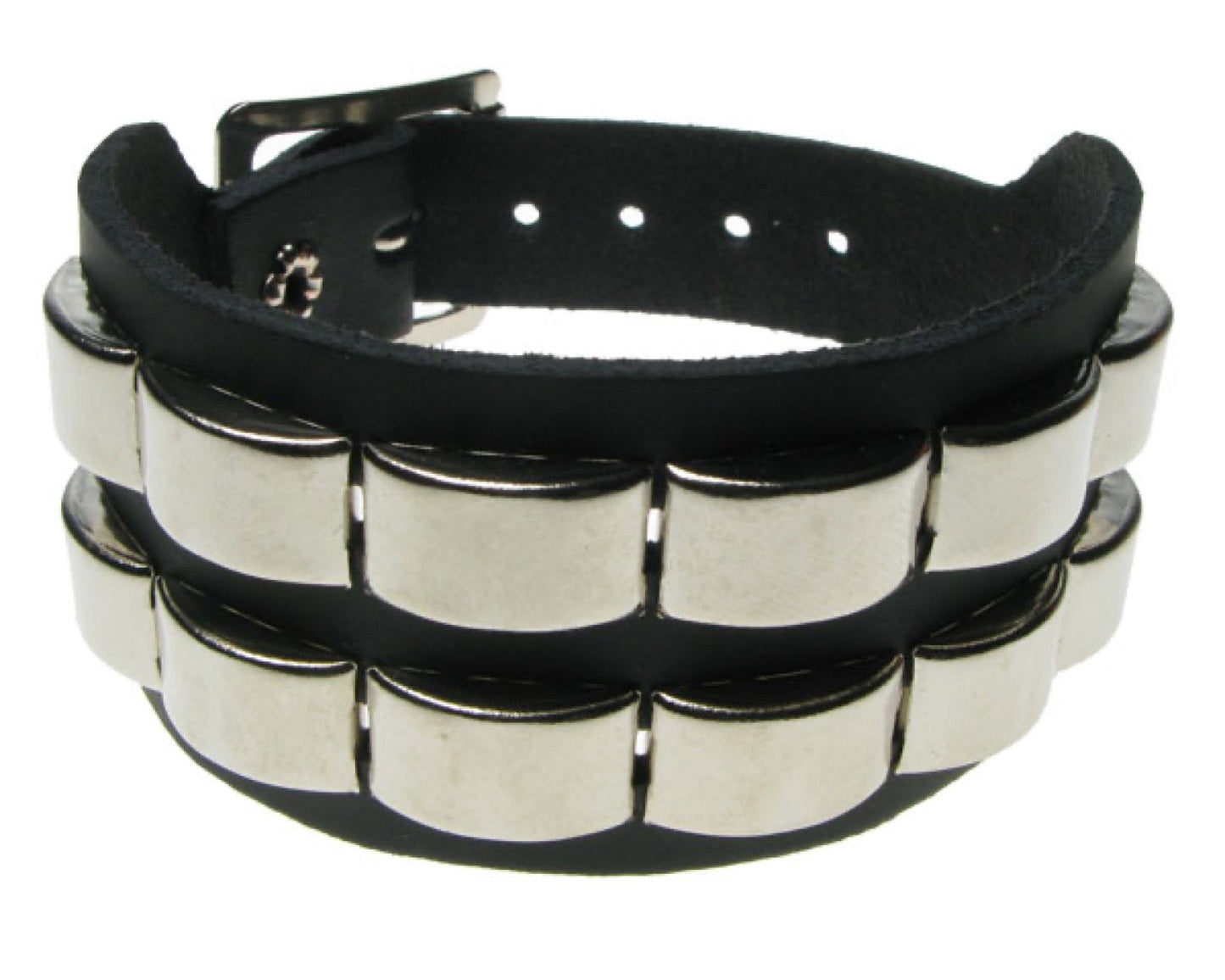 WB552 2 ROW CURVED RING Leather Wristband - BLACK