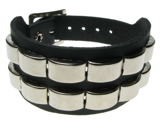 WB552 2 ROW CURVED RING Leather Wristband - BLACK