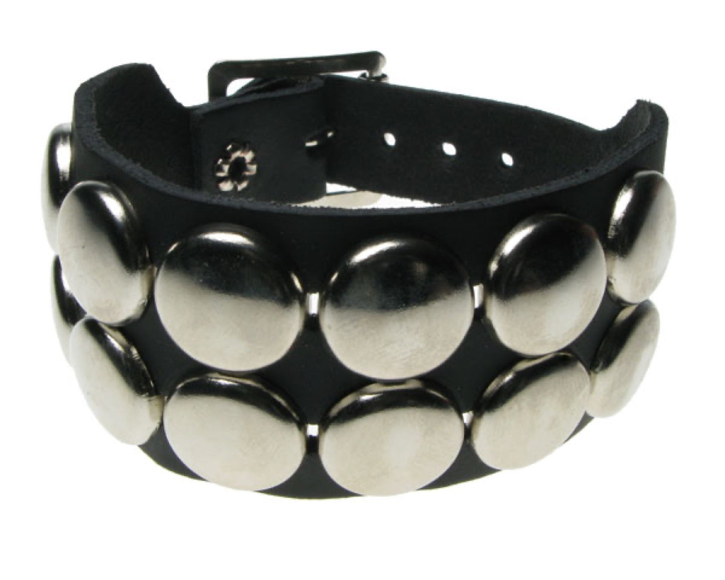 WB554 2 ROW CIRCLE FITTING Leather Wristband - BLACK