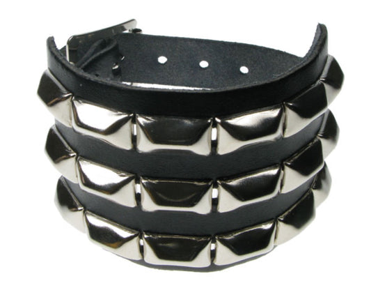 WB555 3 ROW SQUASHED PYRAMID Leather Wristband - BLACK