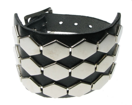 WB557 3 ROW HEXAGONAL FITTING Leather Wristband - BLACK