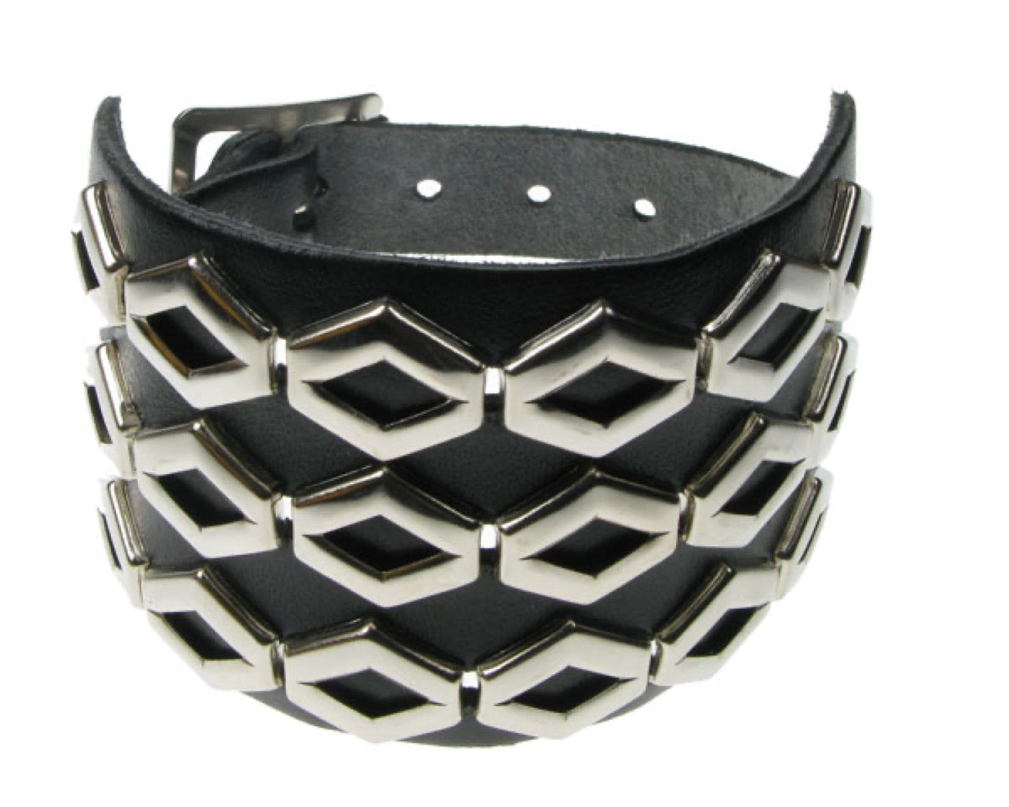 WB558 3 ROW HEXAGONAL FITTING W/ GAP IN MIDDLE Leather Wristband - BLACK