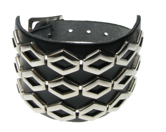 WB558 3 ROW HEXAGONAL FITTING W/ GAP IN MIDDLE Leather Wristband - BLACK